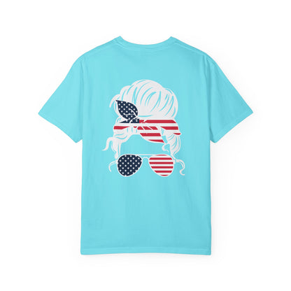 American Flag Messy Bun & Sunglasses with Patriotic Sunflower Back Tee