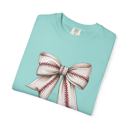 Baseball Stitch Bow T-Shirt — Cute Sports Ribbon Graphic Tee