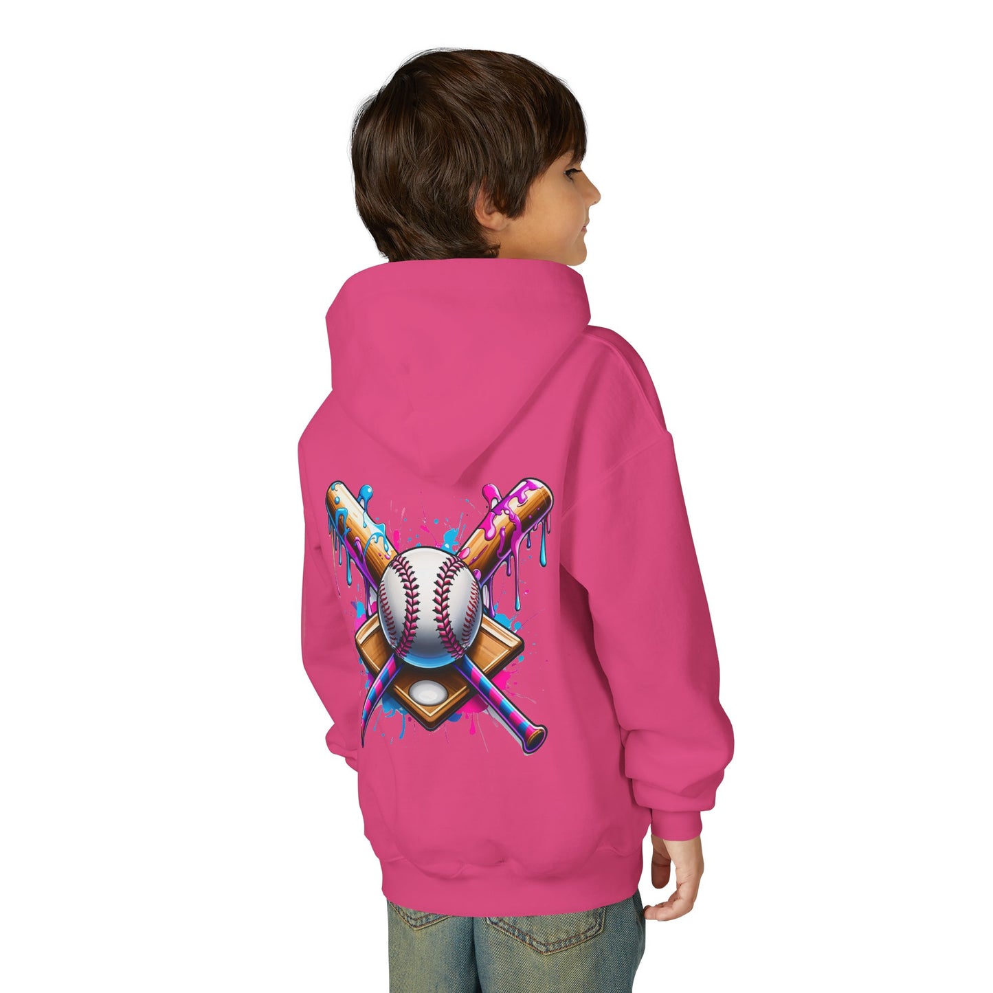 Youth Double Sided Baseball Hoodie — Colorful Dripping Ball & Cool Batter Graphic