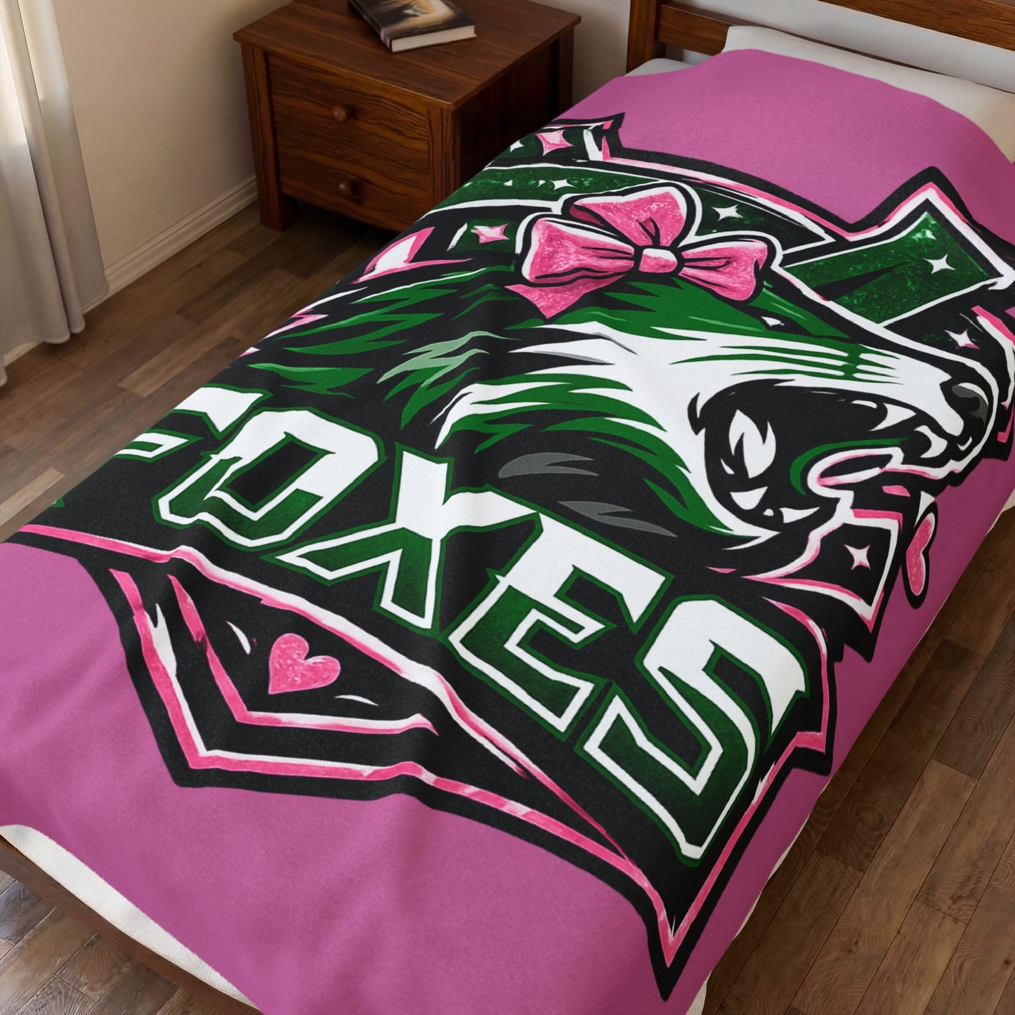 Foxes Team Velveteen Plush Blanket — Pink Mascot Fox with Bow