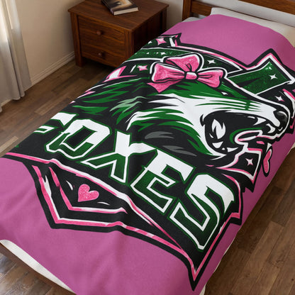 Foxes Team Velveteen Plush Blanket — Pink Mascot Fox with Bow