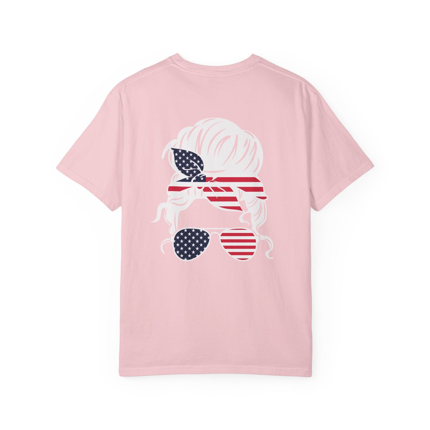 American Flag Messy Bun & Sunglasses with Patriotic Sunflower Back Tee