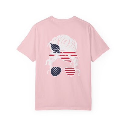 American Flag Messy Bun & Sunglasses with Patriotic Sunflower Back Tee