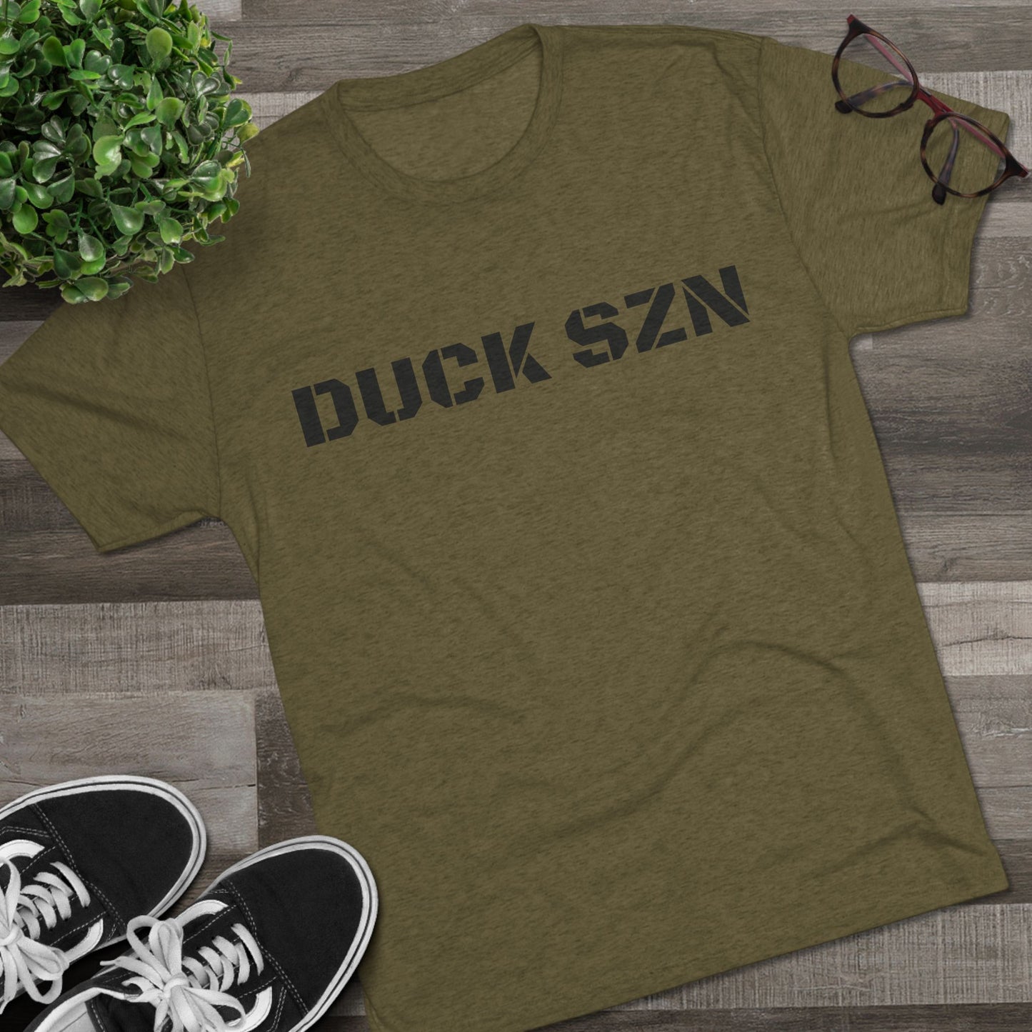 Duck SZN Tee — Camouflage Stamp Text Hunting Shirt for Duck Season