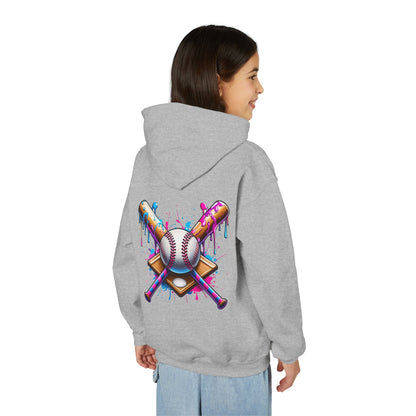 Youth Double Sided Baseball Hoodie — Colorful Dripping Ball & Cool Batter Graphic