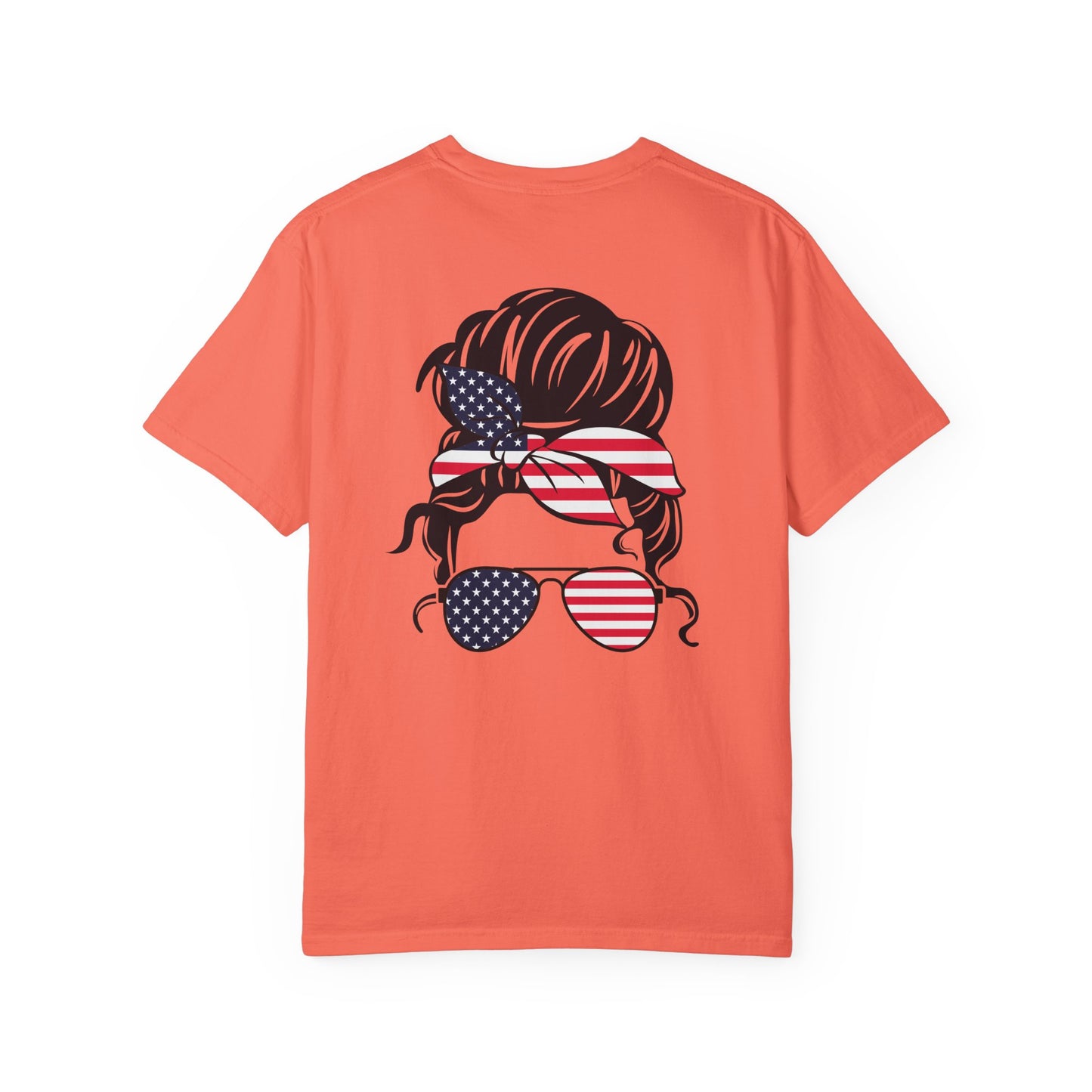 Patriotic Messy Bun T-Shirt — American Flag Bandana & Sunglasses