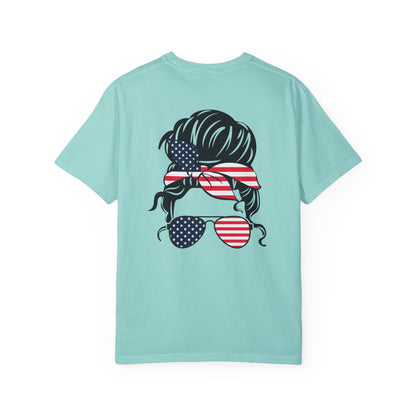 Patriotic Messy Bun T-Shirt — American Flag Bandana & Sunglasses