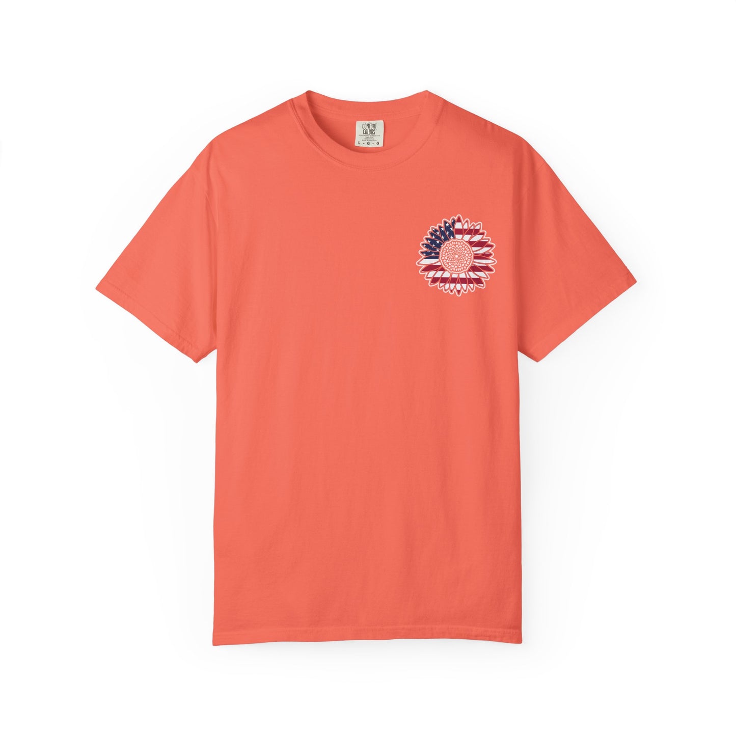 American Flag Messy Bun & Sunglasses with Patriotic Sunflower Back Tee