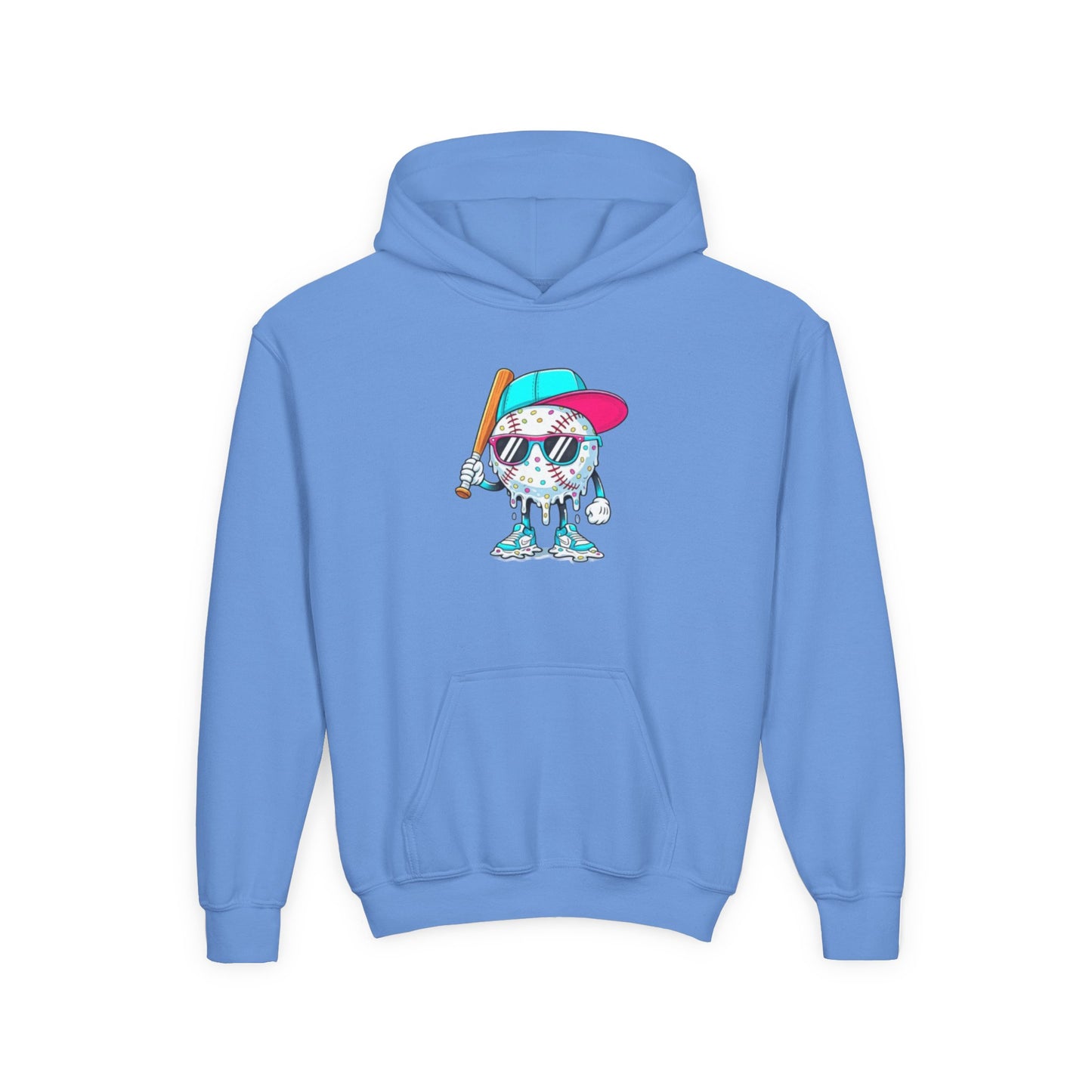 Youth Double Sided Baseball Hoodie — Colorful Dripping Ball & Cool Batter Graphic