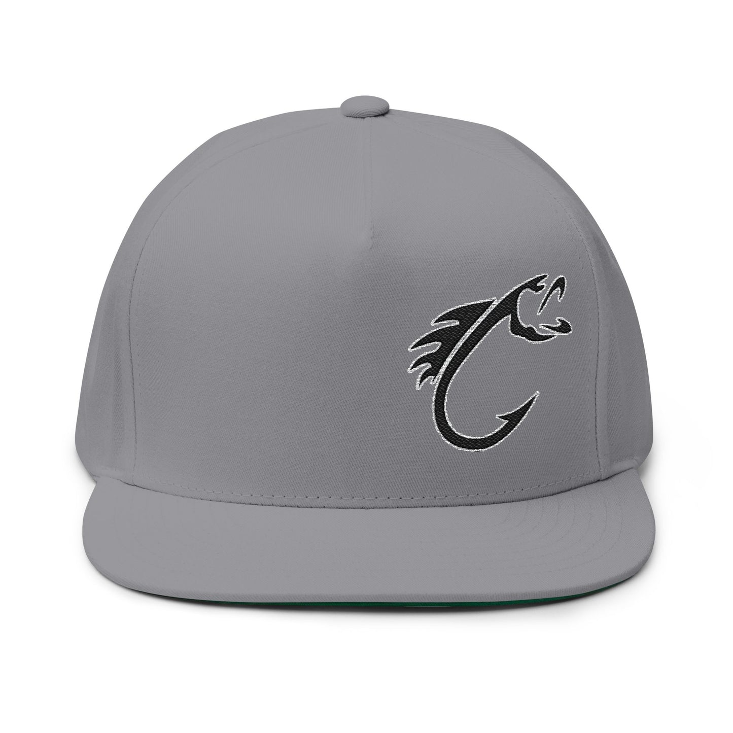 Embroidered Fish Hook Flat Bill Cap – Fishing Logo Snapback Hat