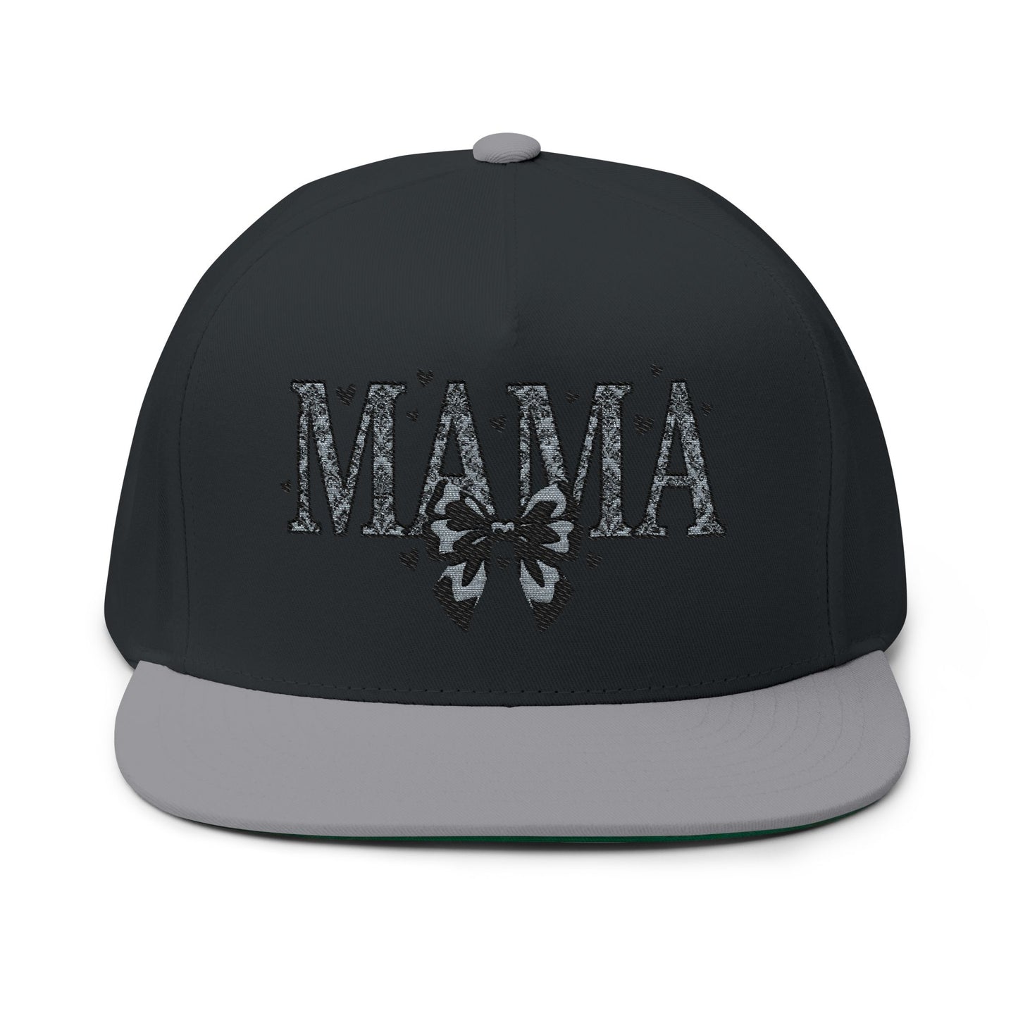 Mama Embroidered Flat Bill Cap — Floral Bow Mom Trucker Hat