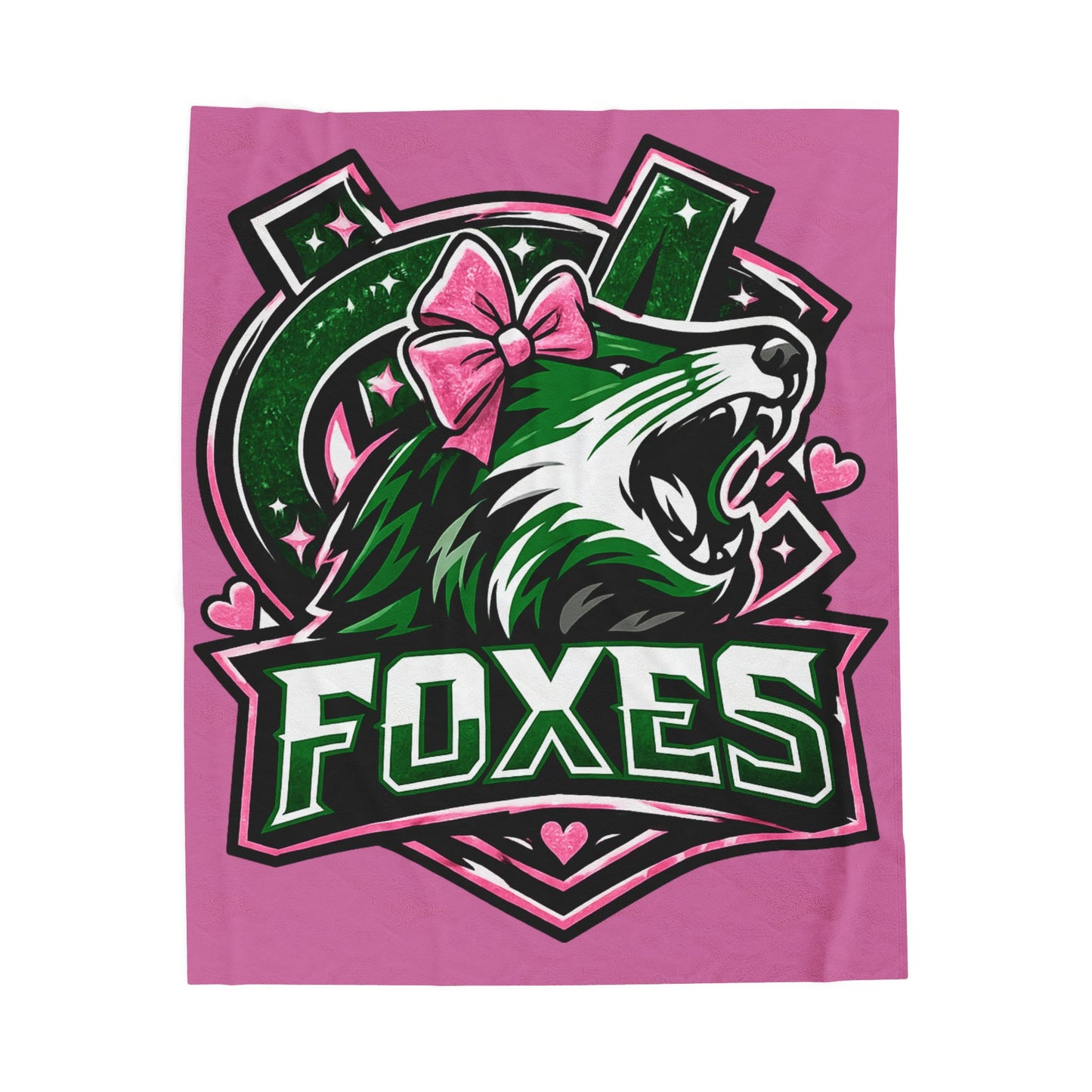 Foxes Team Velveteen Plush Blanket — Pink Mascot Fox with Bow