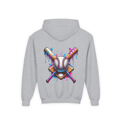 Youth Double Sided Baseball Hoodie — Colorful Dripping Ball & Cool Batter Graphic