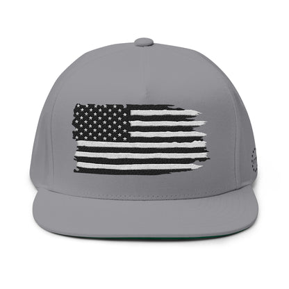 American Flag Flat Bill Cap — Distressed Embroidered USA Snapback
