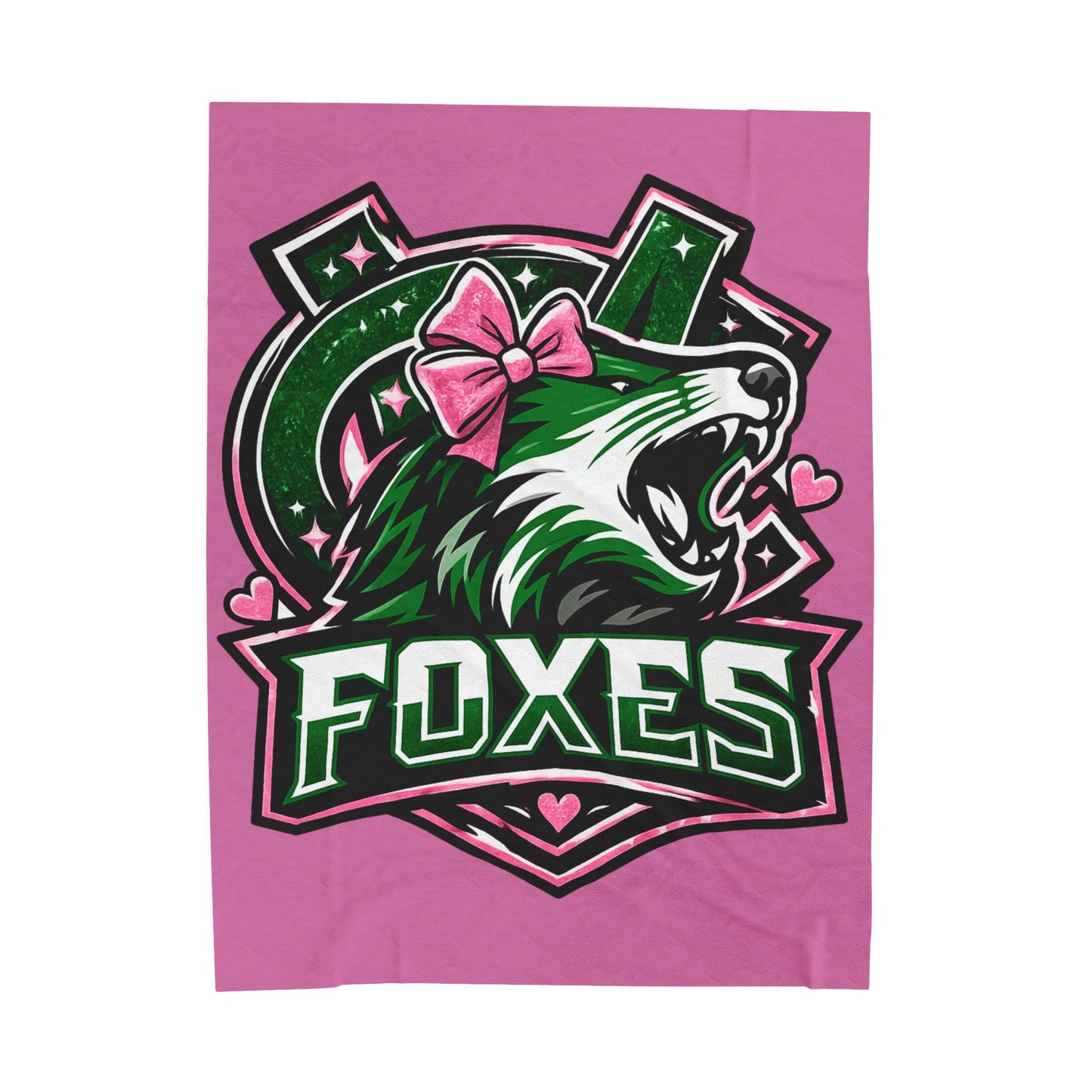 Foxes Team Velveteen Plush Blanket — Pink Mascot Fox with Bow