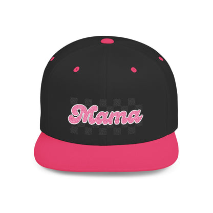 Mama Checkerboard Flat Bill Snapback Hat — Retro Pink Script Cap for Moms