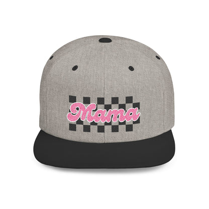 Mama Checkerboard Flat Bill Snapback Hat — Retro Pink Script Cap for Moms