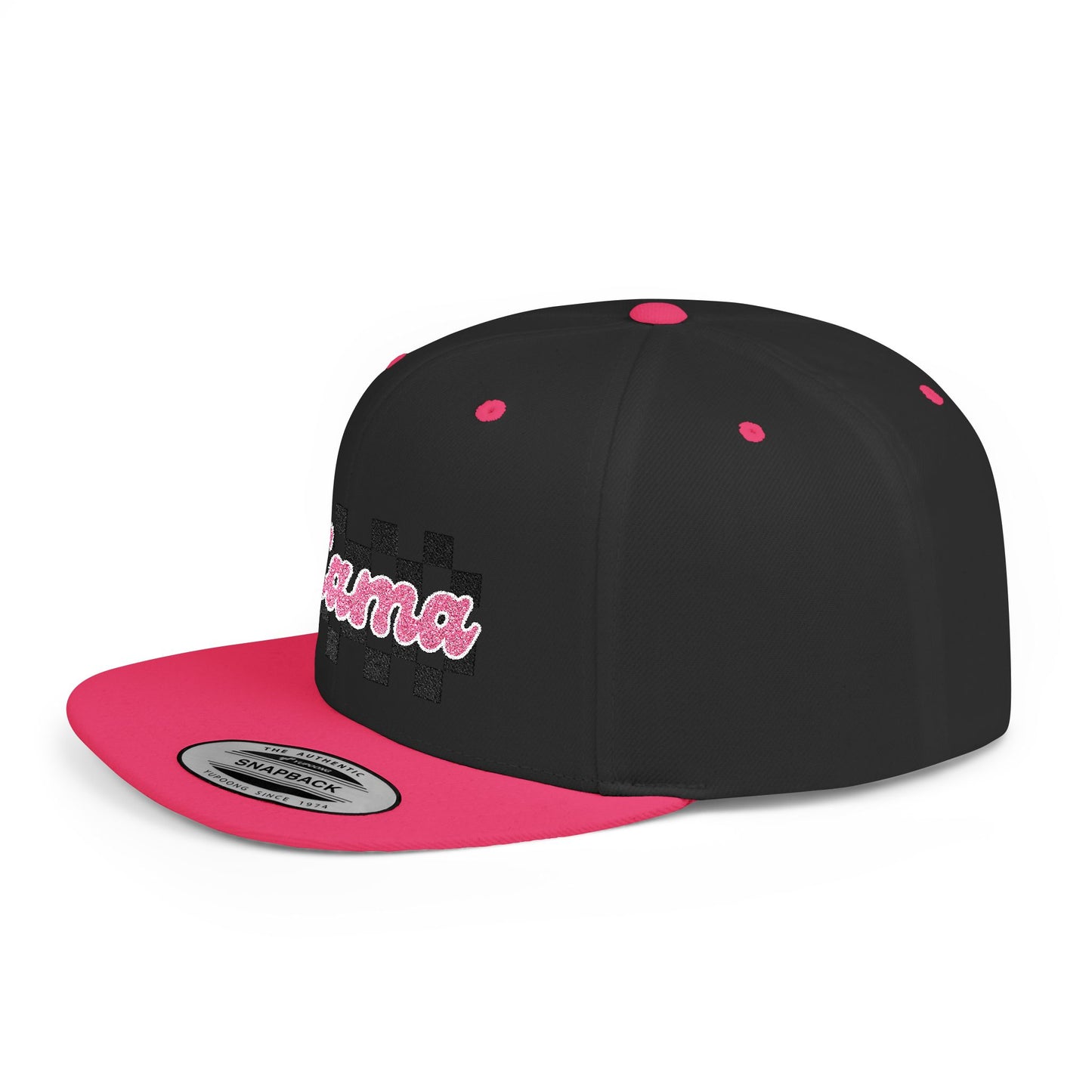 Mama Checkerboard Flat Bill Snapback Hat — Retro Pink Script Cap for Moms