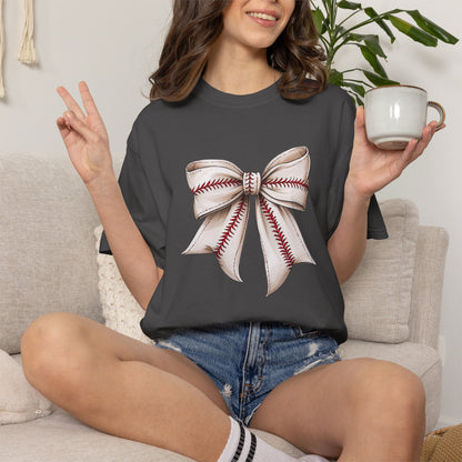 Baseball Stitch Bow T-Shirt — Cute Sports Ribbon Graphic Tee