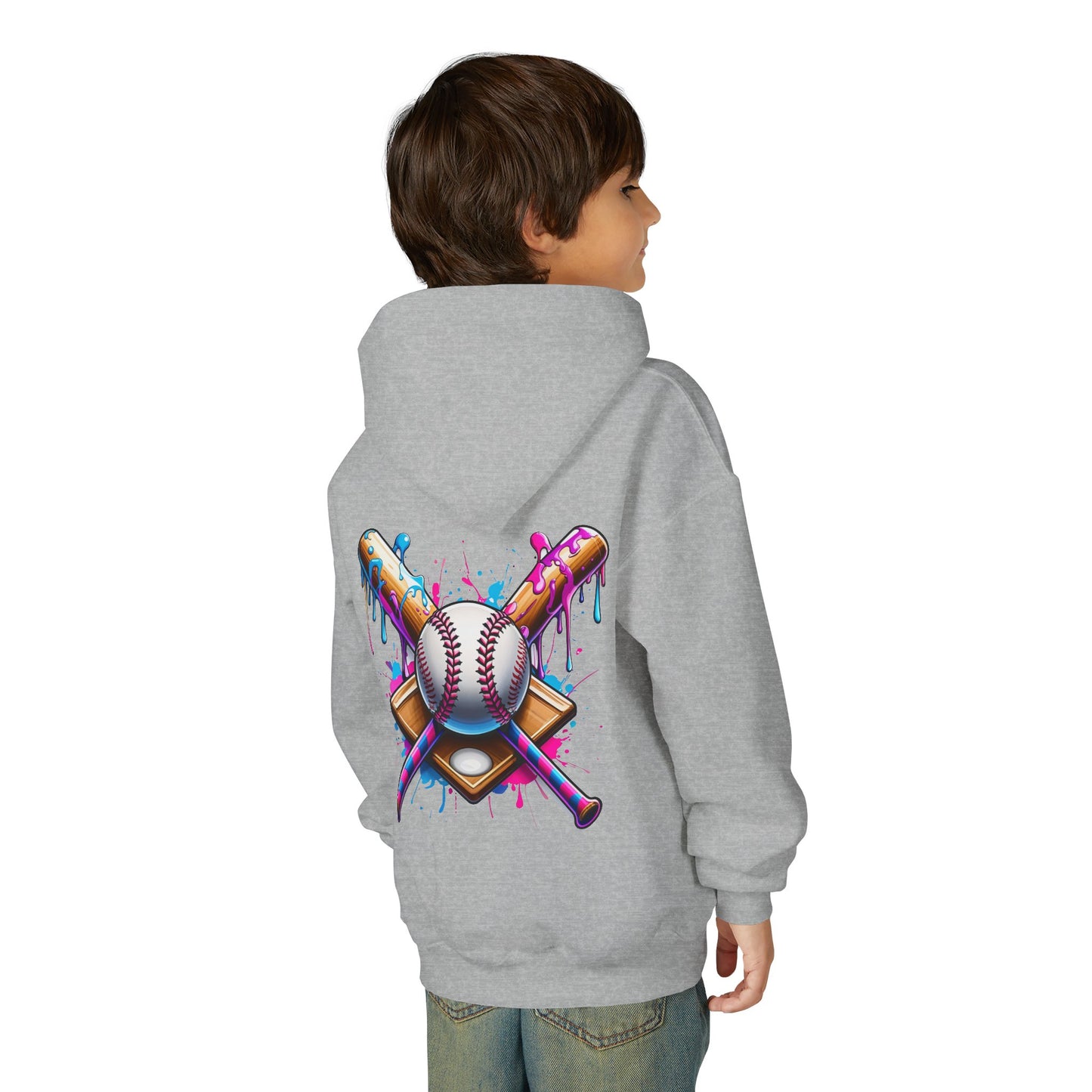 Youth Double Sided Baseball Hoodie — Colorful Dripping Ball & Cool Batter Graphic