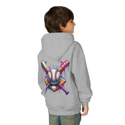 Youth Double Sided Baseball Hoodie — Colorful Dripping Ball & Cool Batter Graphic
