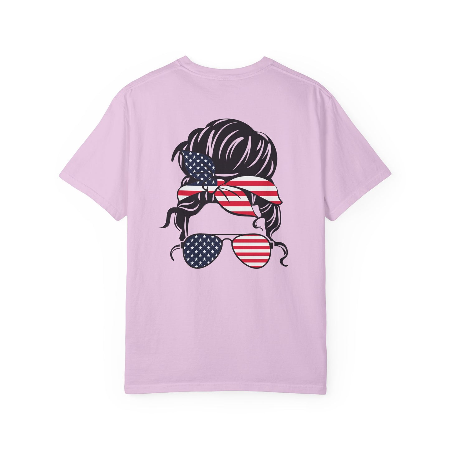 Patriotic Messy Bun T-Shirt — American Flag Bandana & Sunglasses
