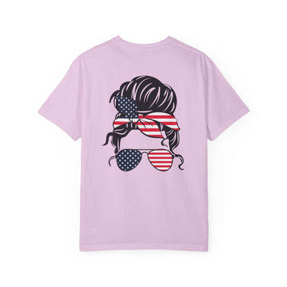 Patriotic Messy Bun T-Shirt — American Flag Bandana & Sunglasses
