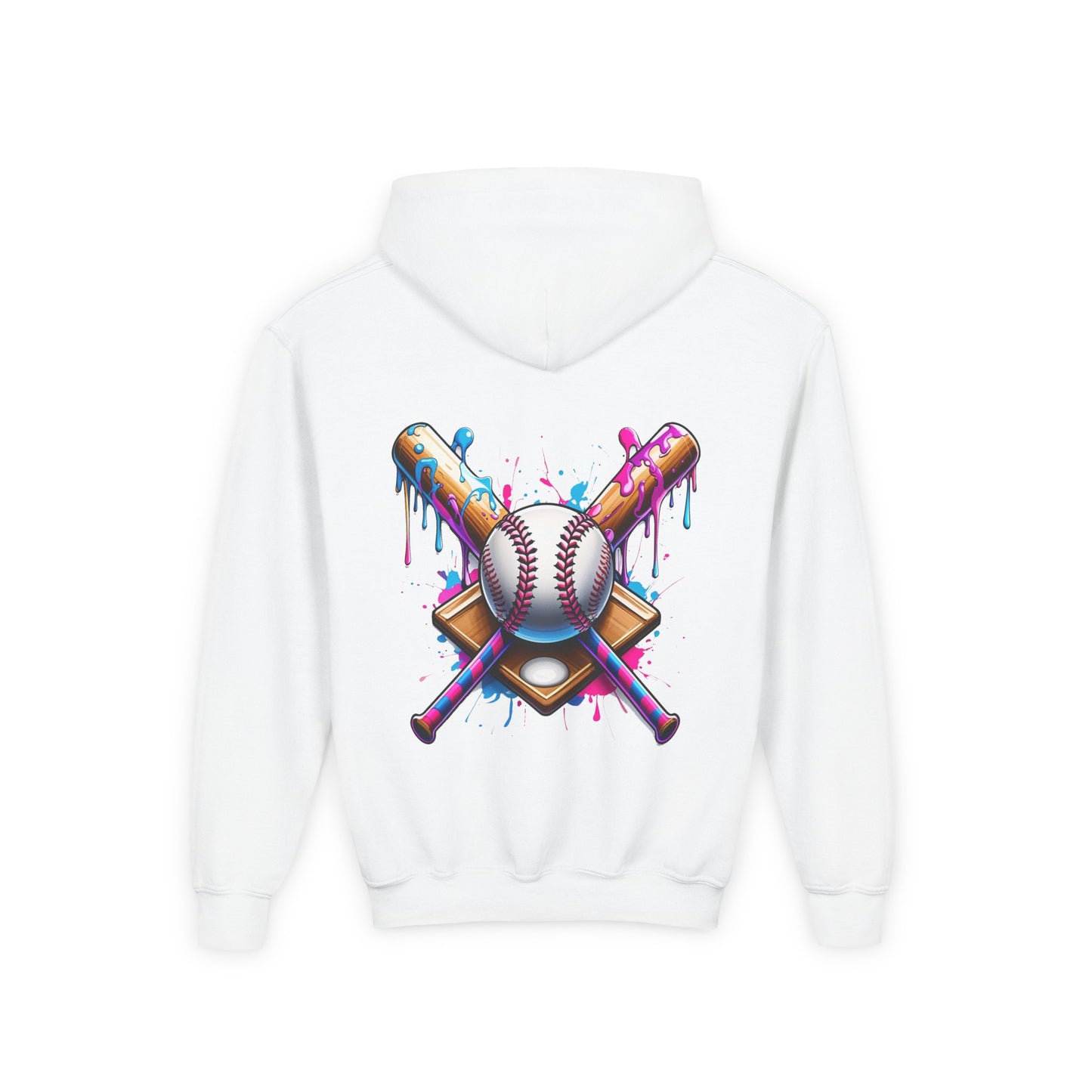 Youth Double Sided Baseball Hoodie — Colorful Dripping Ball & Cool Batter Graphic