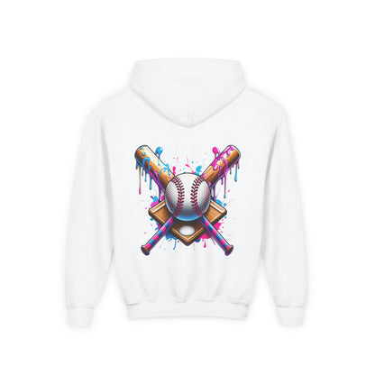 Youth Double Sided Baseball Hoodie — Colorful Dripping Ball & Cool Batter Graphic