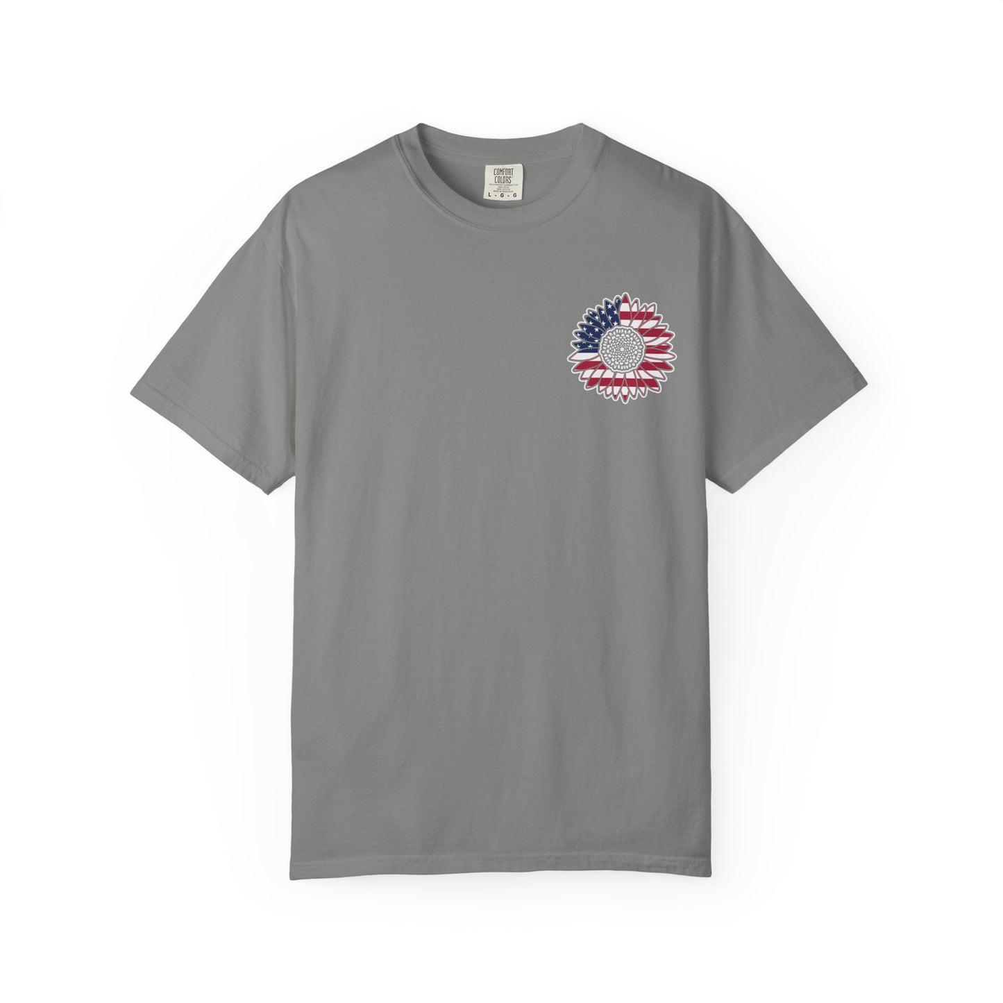 American Flag Messy Bun & Sunglasses with Patriotic Sunflower Back Tee
