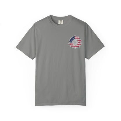 American Flag Messy Bun & Sunglasses with Patriotic Sunflower Back Tee