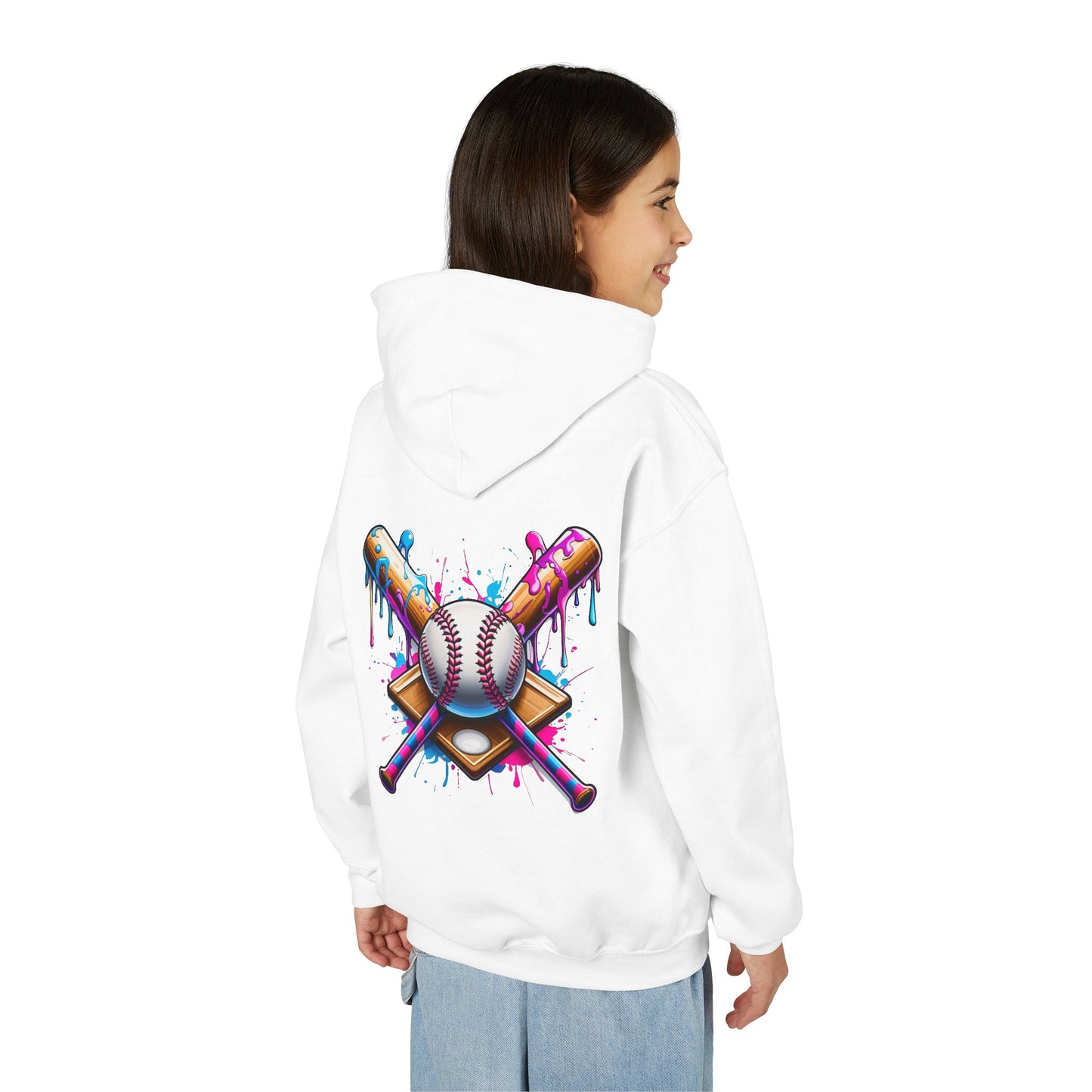 Youth Double Sided Baseball Hoodie — Colorful Dripping Ball & Cool Batter Graphic