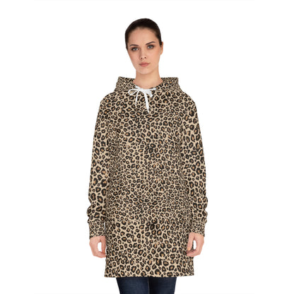 Leopard Print Hoodie Dress — Women's Cozy AOP Hooded Sweatshirt Dress