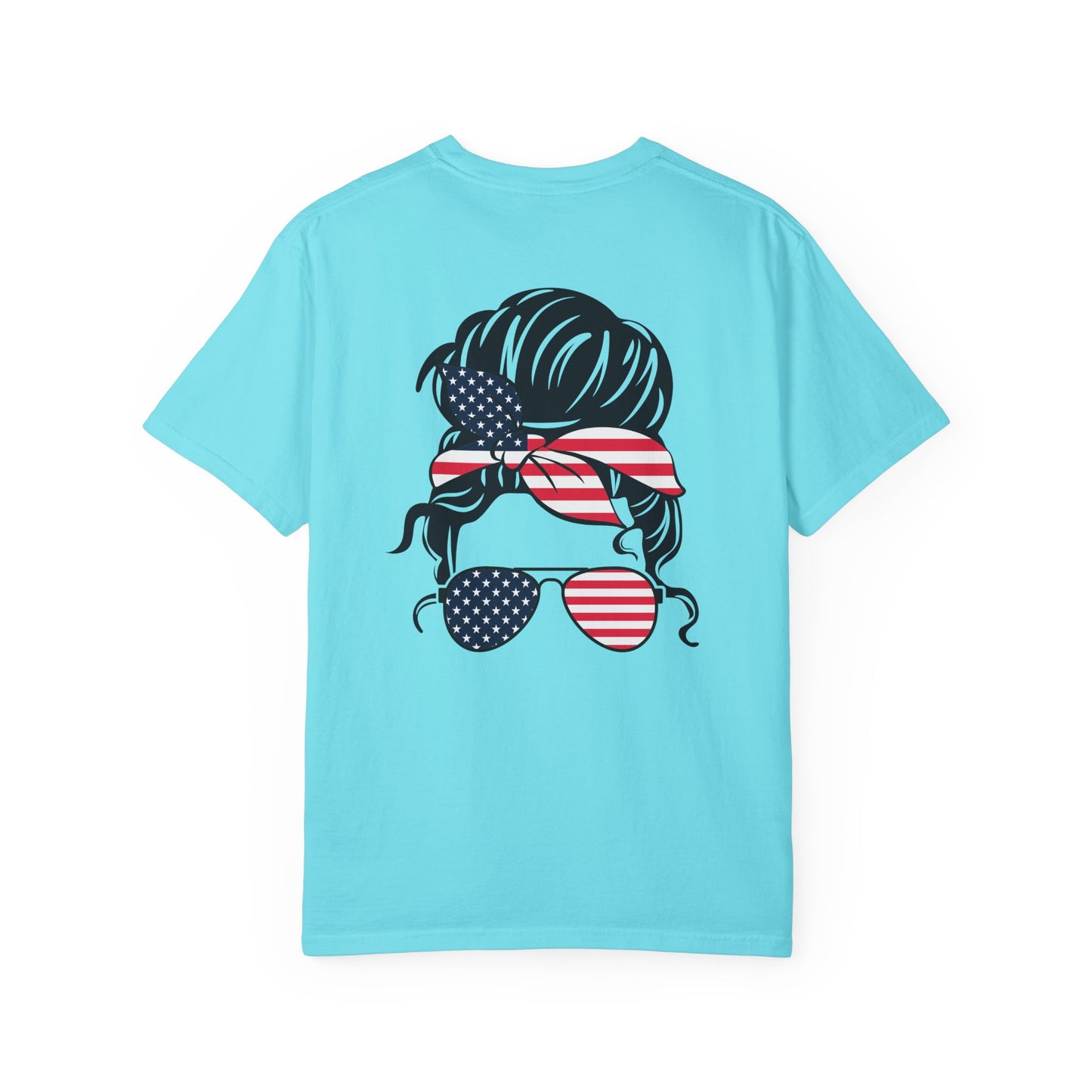 Patriotic Messy Bun T-Shirt — American Flag Bandana & Sunglasses