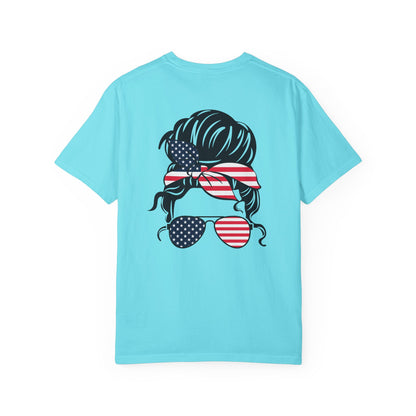 Patriotic Messy Bun T-Shirt — American Flag Bandana & Sunglasses