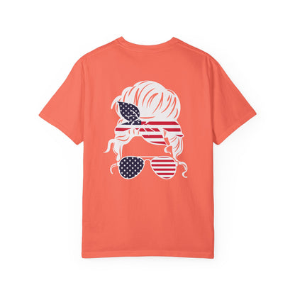 American Flag Messy Bun & Sunglasses with Patriotic Sunflower Back Tee