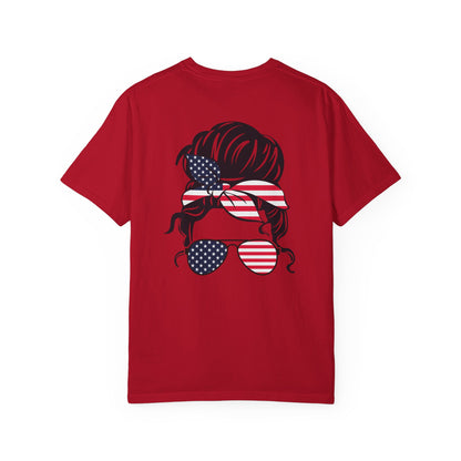 Patriotic Messy Bun T-Shirt — American Flag Bandana & Sunglasses