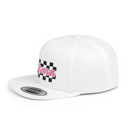 Mama Checkerboard Flat Bill Snapback Hat — Retro Pink Script Cap for Moms