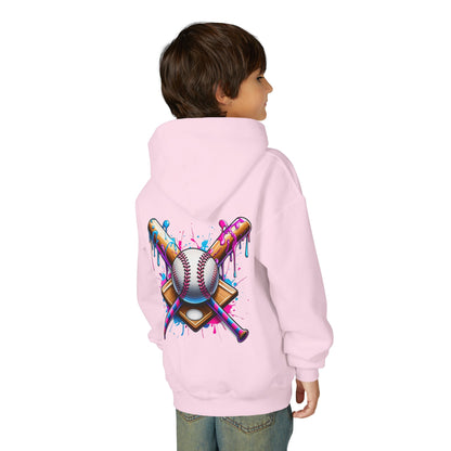 Youth Double Sided Baseball Hoodie — Colorful Dripping Ball & Cool Batter Graphic