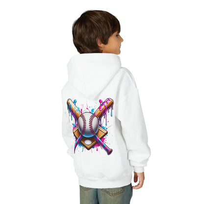 Youth Double Sided Baseball Hoodie — Colorful Dripping Ball & Cool Batter Graphic