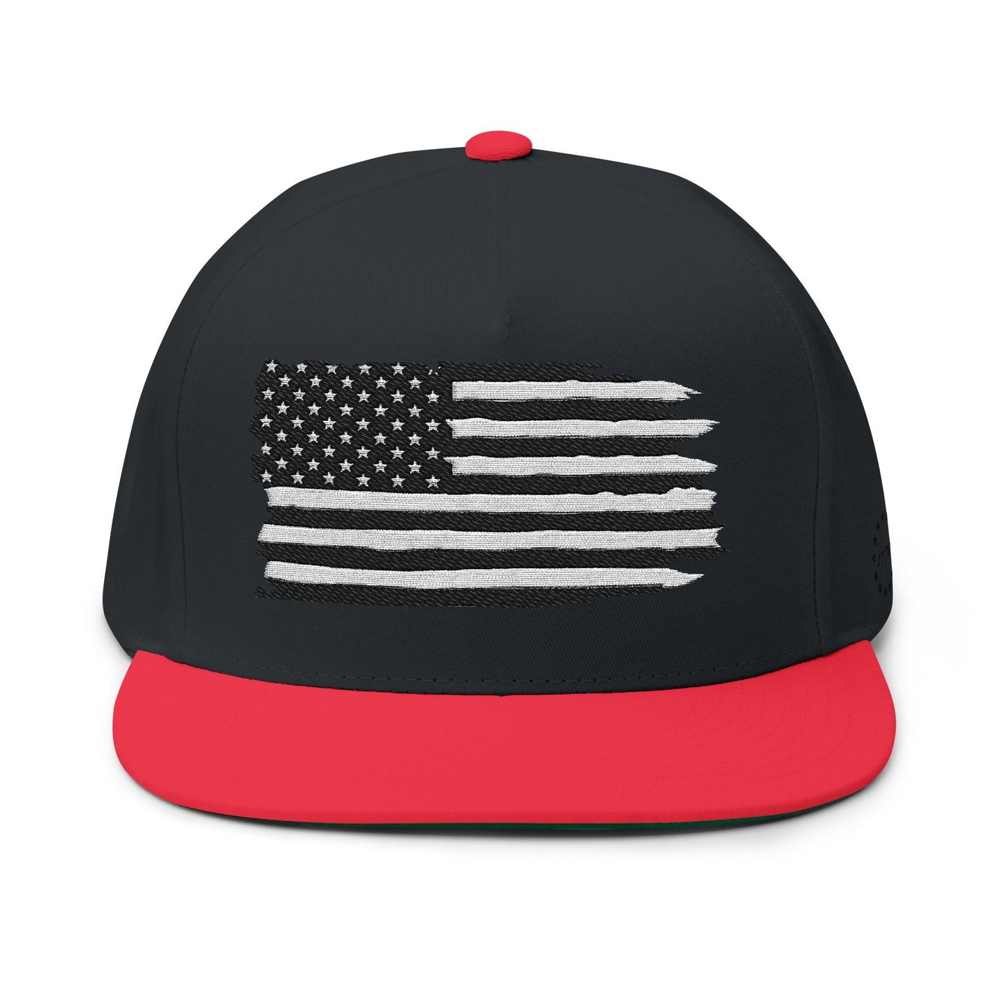 American Flag Flat Bill Cap — Distressed Embroidered USA Snapback