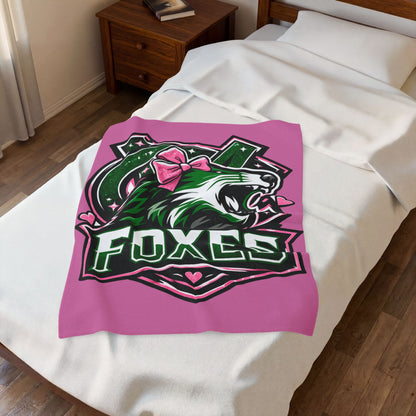 Foxes Team Velveteen Plush Blanket — Pink Mascot Fox with Bow