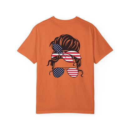 Patriotic Messy Bun T-Shirt — American Flag Bandana & Sunglasses