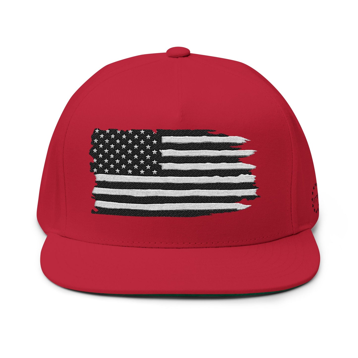 American Flag Flat Bill Cap — Distressed Embroidered USA Snapback