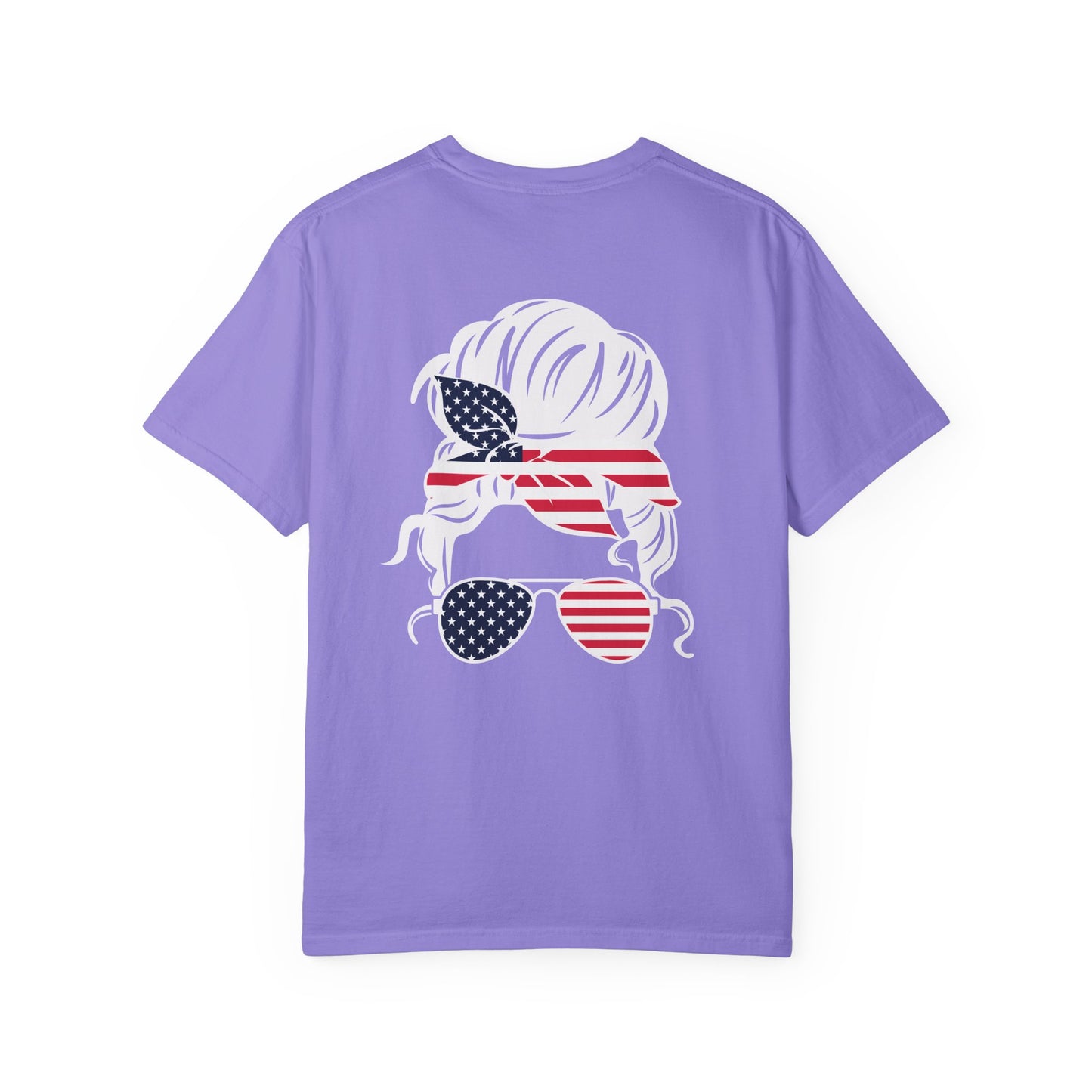 American Flag Messy Bun & Sunglasses with Patriotic Sunflower Back Tee