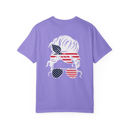 American Flag Messy Bun & Sunglasses with Patriotic Sunflower Back Tee
