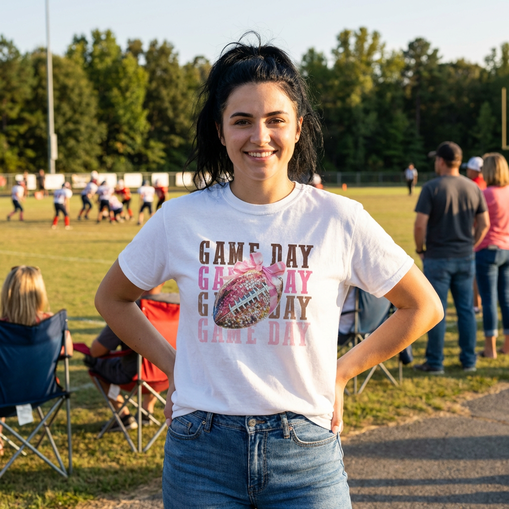 Game Day Pink Football Tee — Women's Cheer Football Shirt