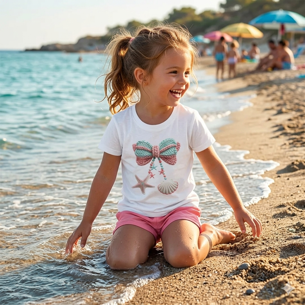 Kids Tee — Seashell Bow & Starfish Beach Graphic