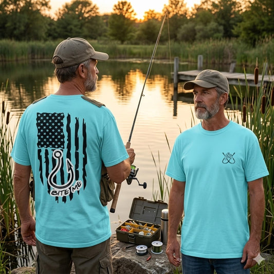 Fishing Hook Flag T-Shirt — "Bite Me" Back Graphic