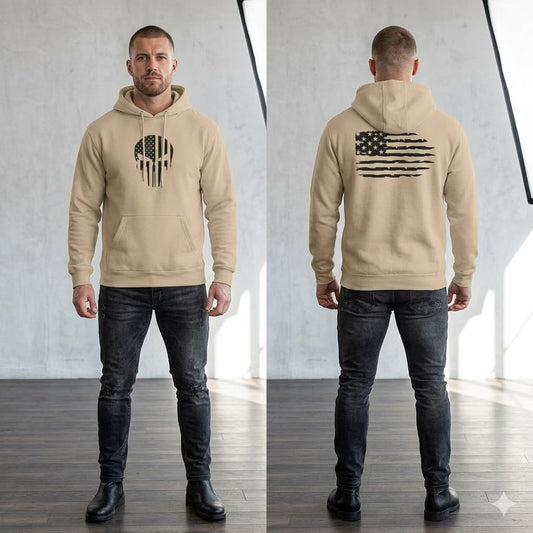 American Flag Skull Hoodie — Distressed Patriotic Pullover